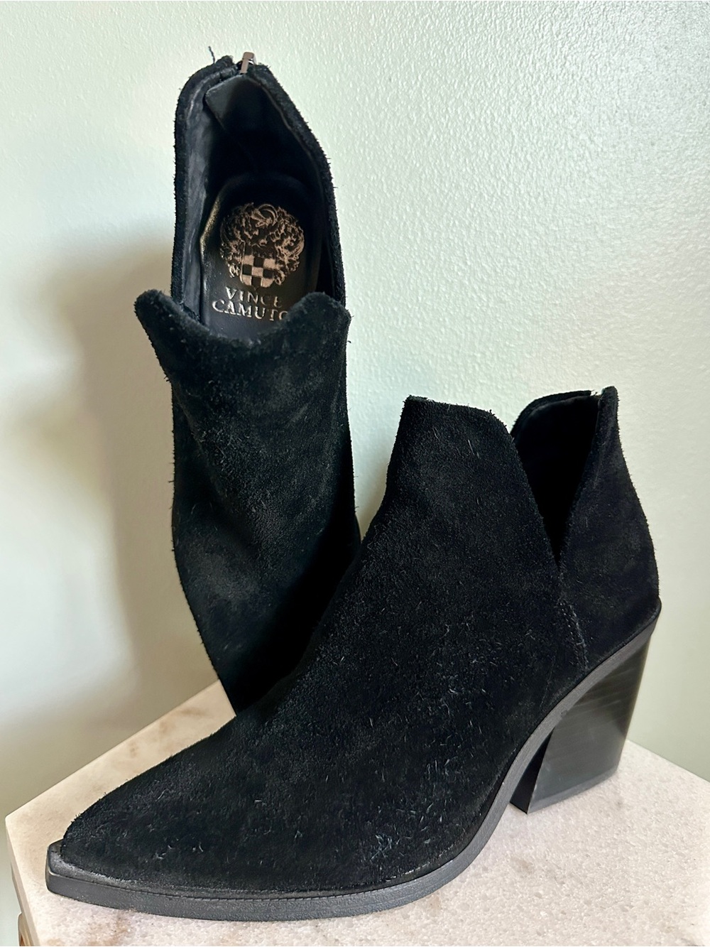 Vince Camuto Bibestie Black Suede Pointed Toe Cutout Ankle Booties